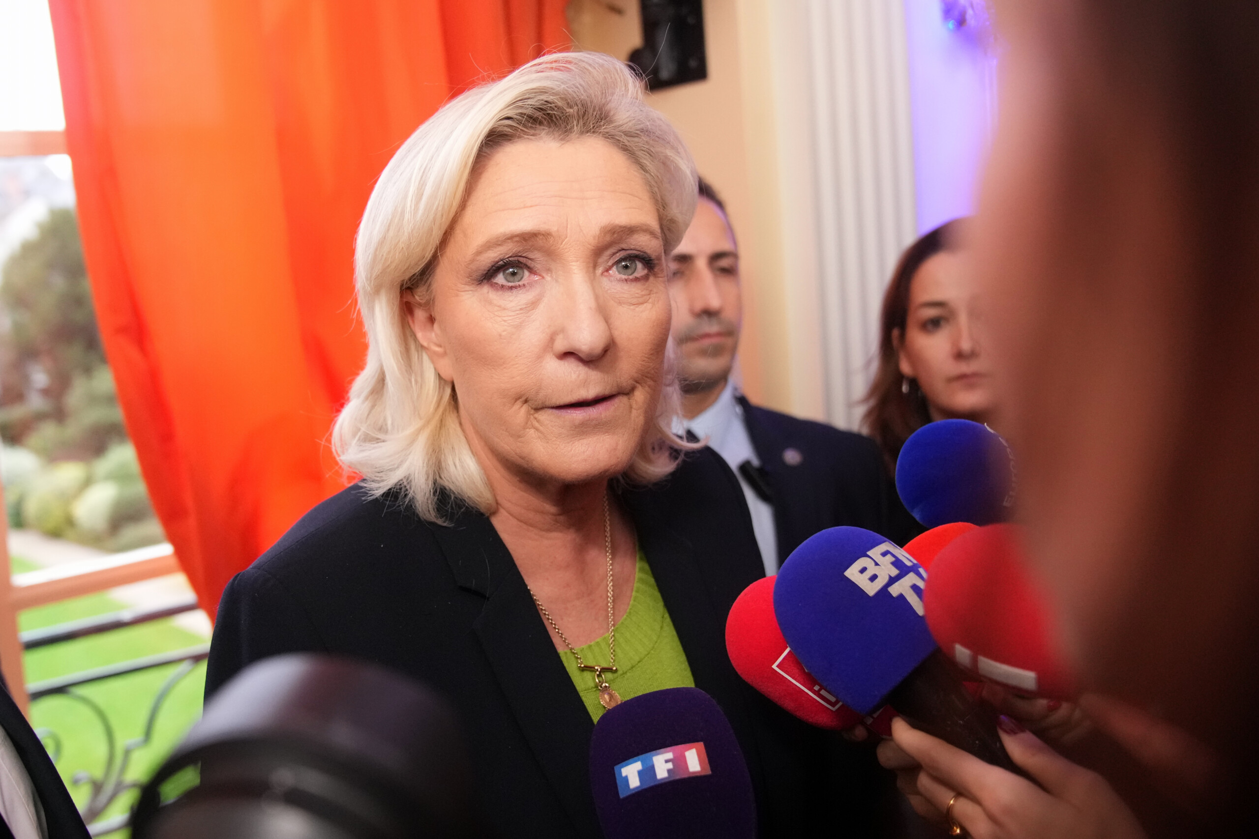 france marine le pen responds in court on eu funding case scaled